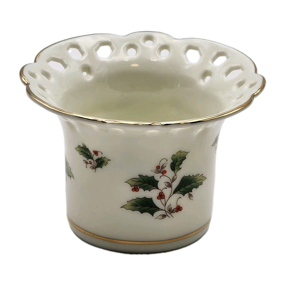 Royal Limited Holly Holiday Pierced Votive Candle Holder Gold Trim W/ Red Candle